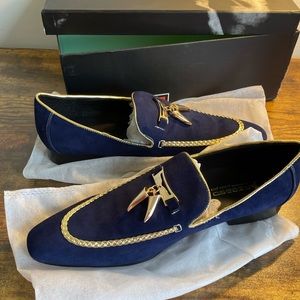 Men’s Navy Gold Fiesso Dress Shoes Red Bottom Formal Church Prom Size 12 Leather